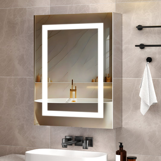 Lighted Mirror Medicine Cabinet 20"X26", Anti-Fog 3 Colors Dimmable LED, Built-in Outlets and USB Ports