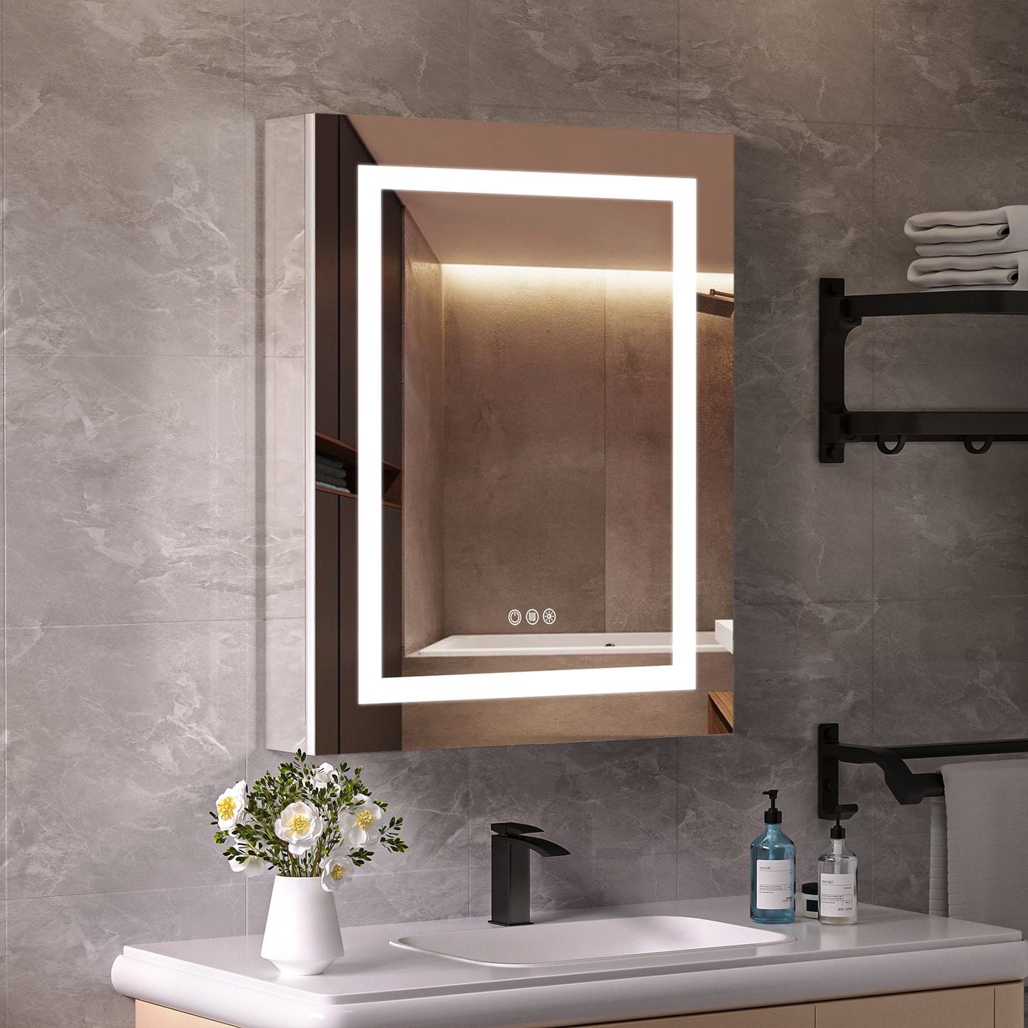 Lighted Mirror Medicine Cabinet 24"X30", Anti-Fog 3 Colors Dimmable LED, Built-in Outlets and USB Ports