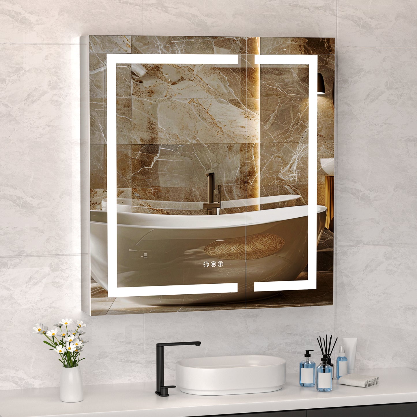 Lighted Mirror Medicine Cabinet 32"X36", Anti-Fog 3 Colors Dimmable LED, Built-in Outlets and USB Ports