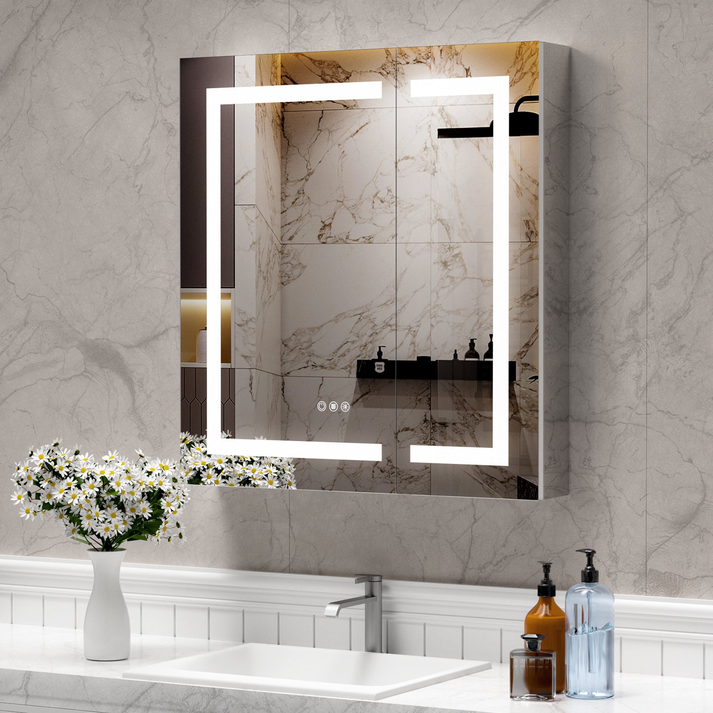 Lighted Mirror Medicine Cabinet 30"X32", Anti-Fog 3 Colors Dimmable LED, Built-in Outlets and USB Ports