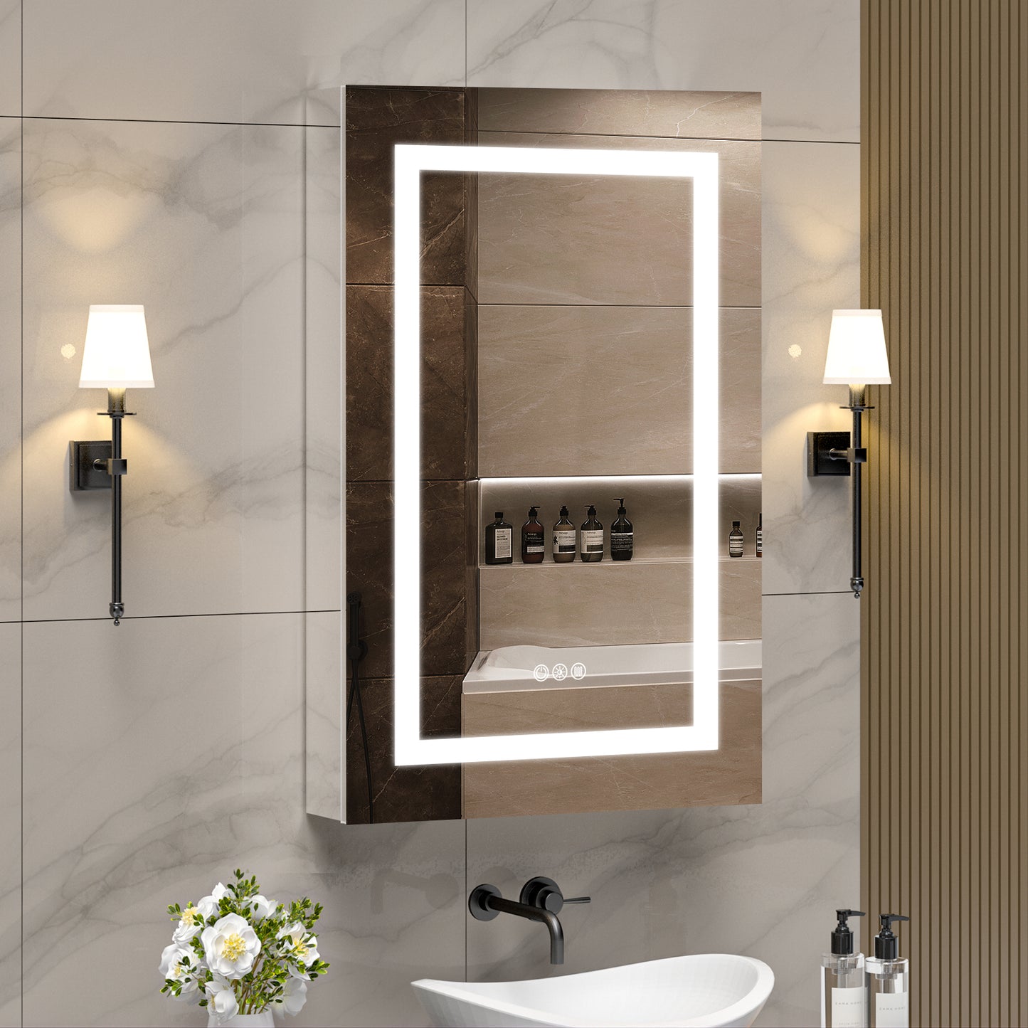 Lighted Mirror Medicine Cabinet 20"X32", Anti-Fog 3 Colors Dimmable LED, Built-in Outlets and USB Ports