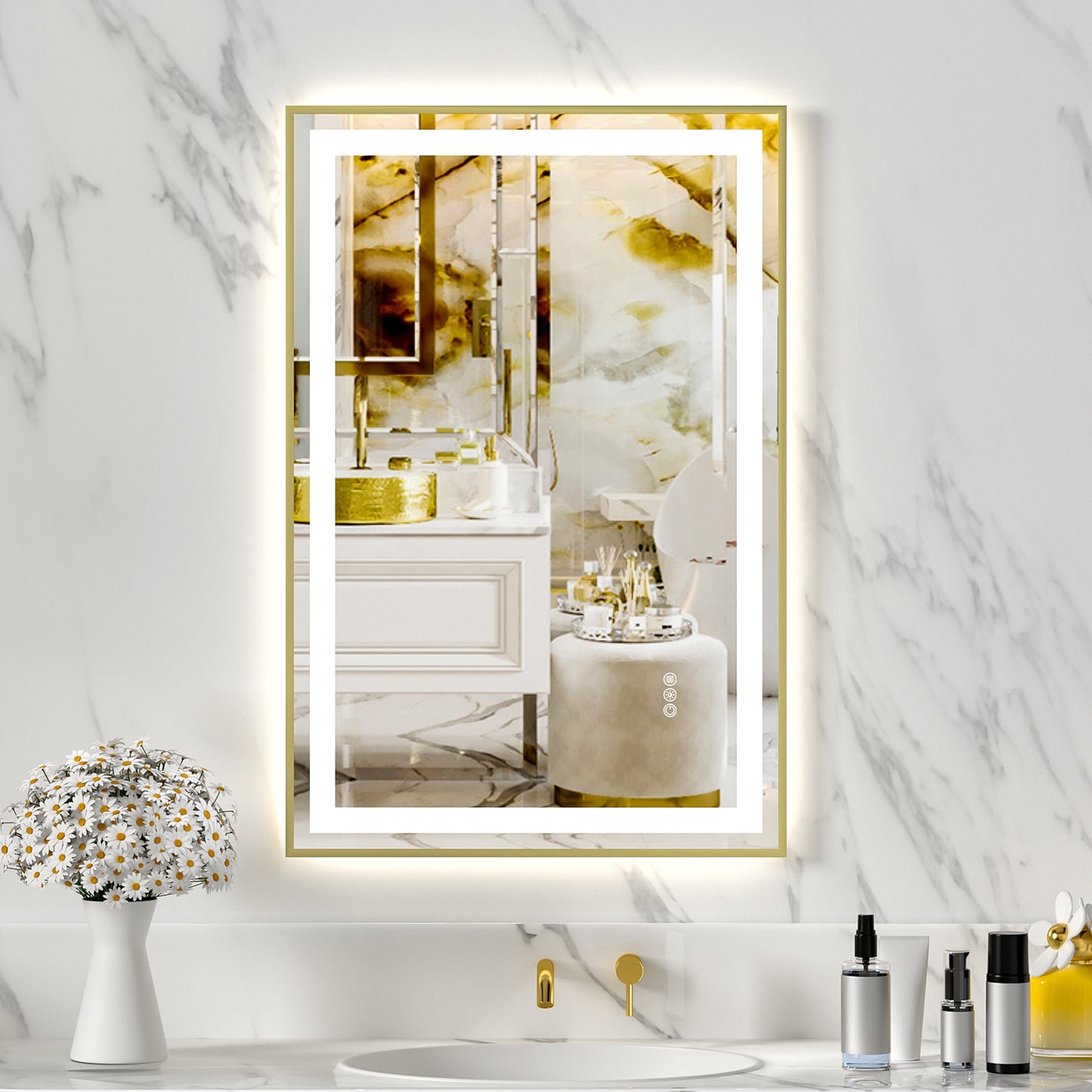 Gold Frame LED Lighted Bathroom Mirror 24"x36", Anti-Fog, Memory Function, 3 Colors Dimmable