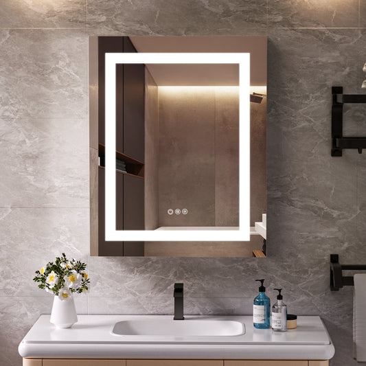 Lighted Mirror Medicine Cabinet 24"X30", Anti-Fog 3 Colors Dimmable LED, Built-in Outlets and USB Ports