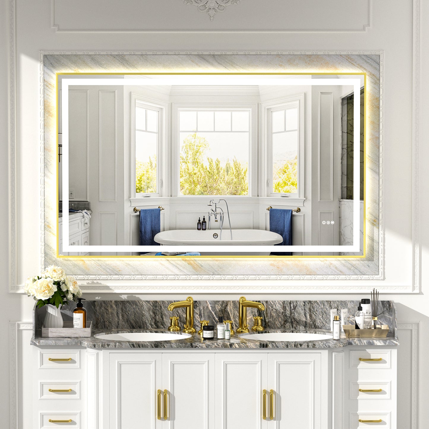 Gold Frame LED Lighted Bathroom Mirror 60"x36", Anti-Fog, Memory Function, 3 Colors Dimmable