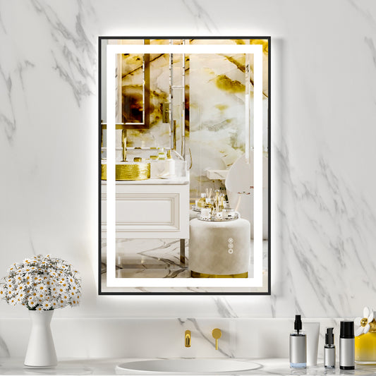 Black Frame LED Lighted Bathroom Mirror 24"x36", Anti-Fog, Memory Function, 3 Colors Dimmable