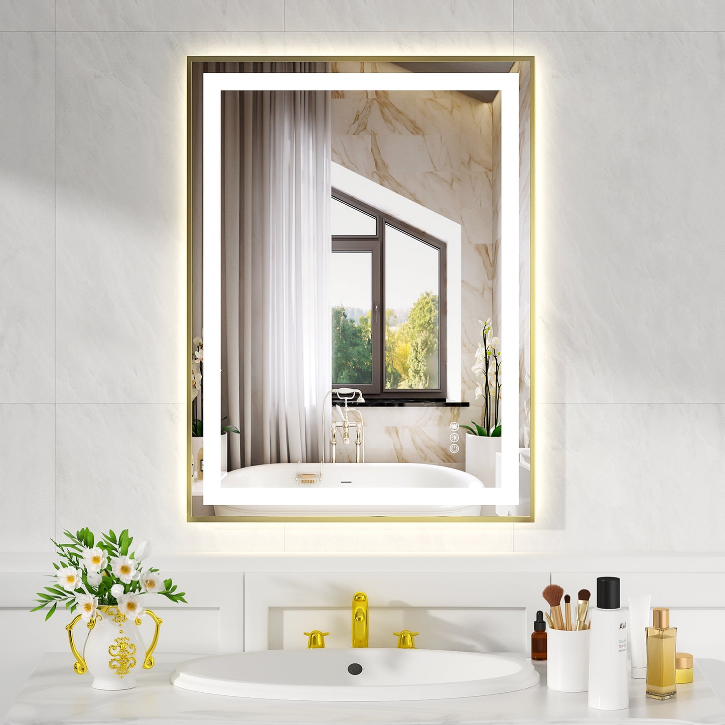 Gold Frame LED Lighted Bathroom Mirror 24"x32", Anti-Fog, Memory Function, 3 Colors Dimmable