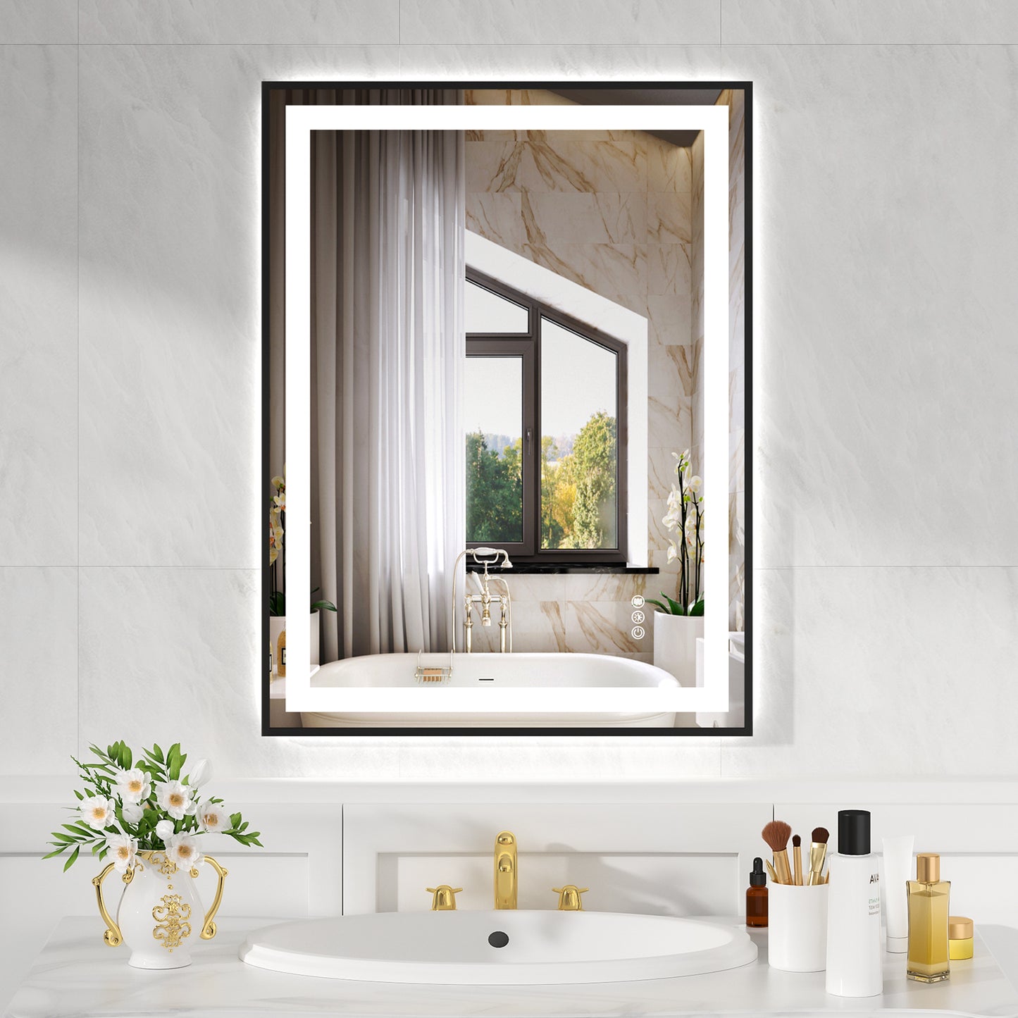 Black Frame LED Lighted Bathroom Mirror 24"x32", Anti-Fog, Memory Function, 3 Colors Dimmable