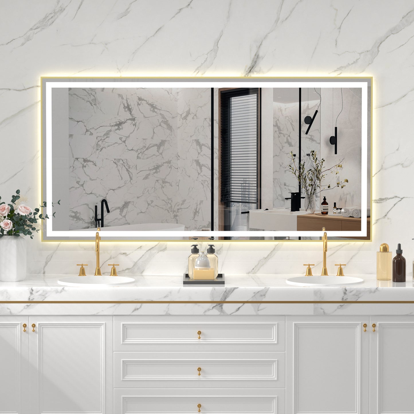 Gold Frame LED Lighted Bathroom Mirror 72"x36", Anti-Fog, Memory Function, 3 Colors Dimmable