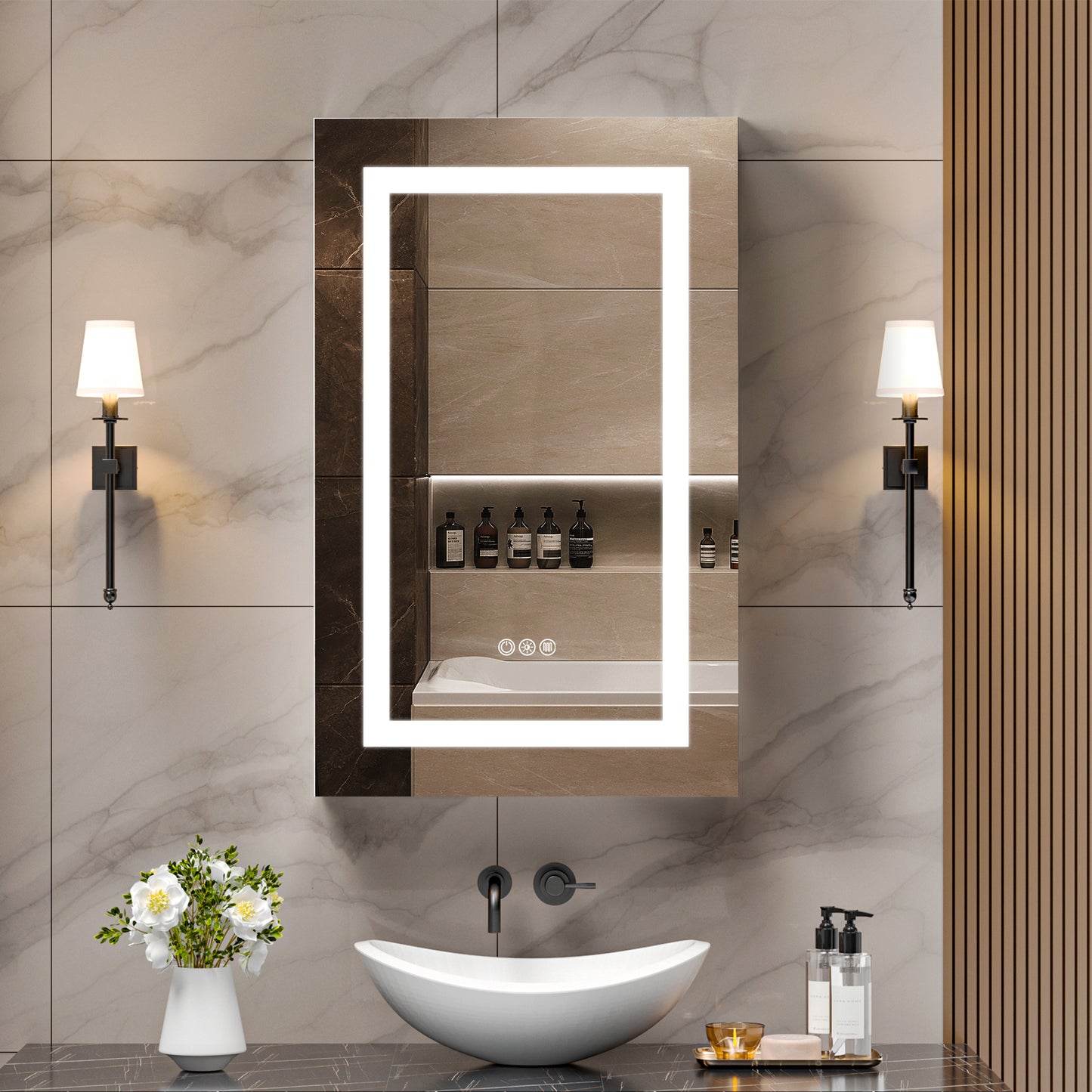 Lighted Mirror Medicine Cabinet 20"X32", Anti-Fog 3 Colors Dimmable LED, Built-in Outlets and USB Ports