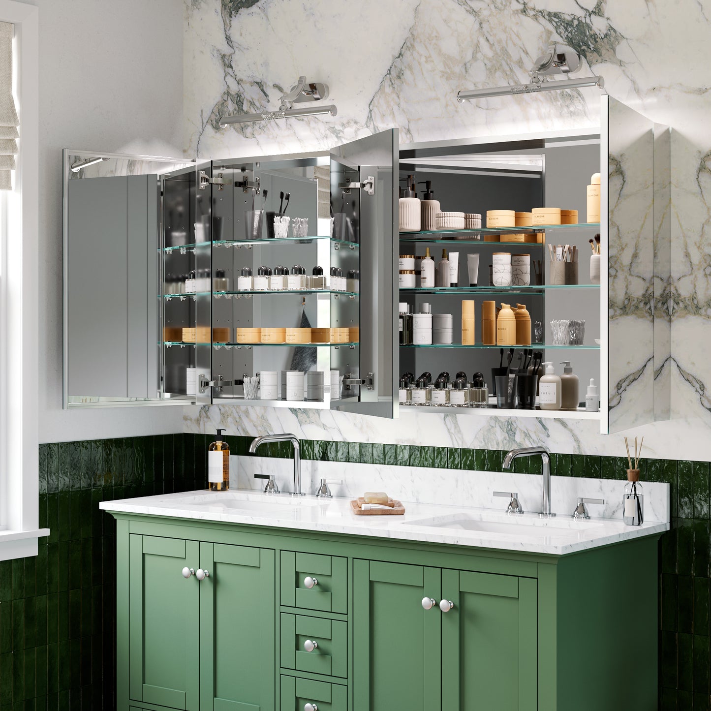 Triple Door Premium Medicine Cabinet with Mirror – 60" x 30", Surface or Recessed Mount