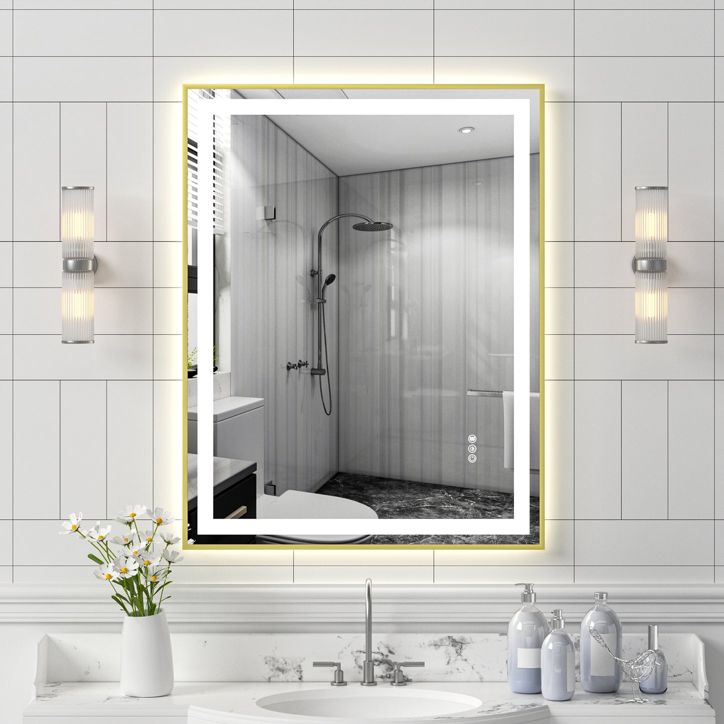 Gold Frame LED Lighted Bathroom Mirror 28"x36", Anti-Fog, Memory Function, 3 Colors Dimmable