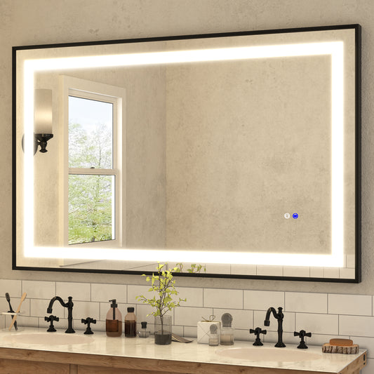 60"x40" LED Bathroom Mirror with Black Frame, Anti-Fog Memory Setting, 3 Colors Dimmable Lighted Bathroom Mirror Wall Mounted