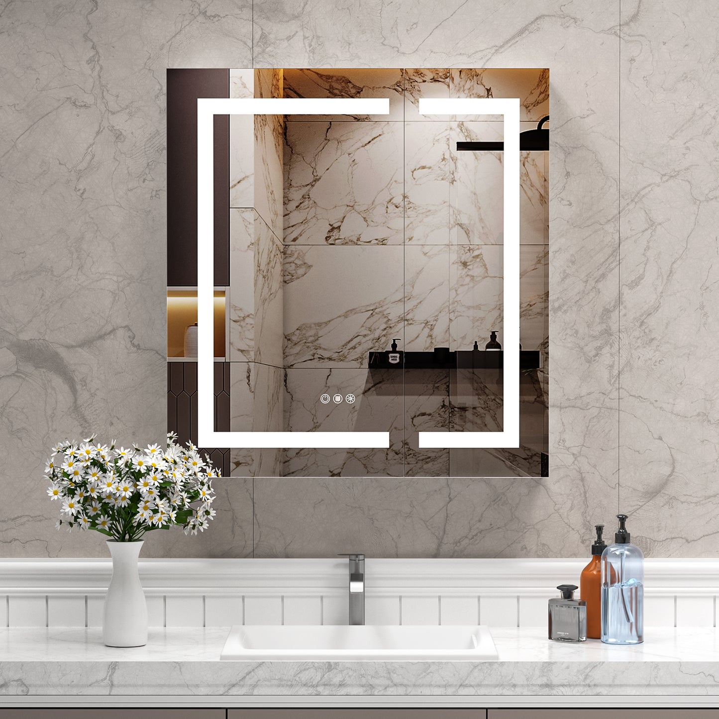 Lighted Mirror Medicine Cabinet 30"X32", Anti-Fog 3 Colors Dimmable LED, Built-in Outlets and USB Ports