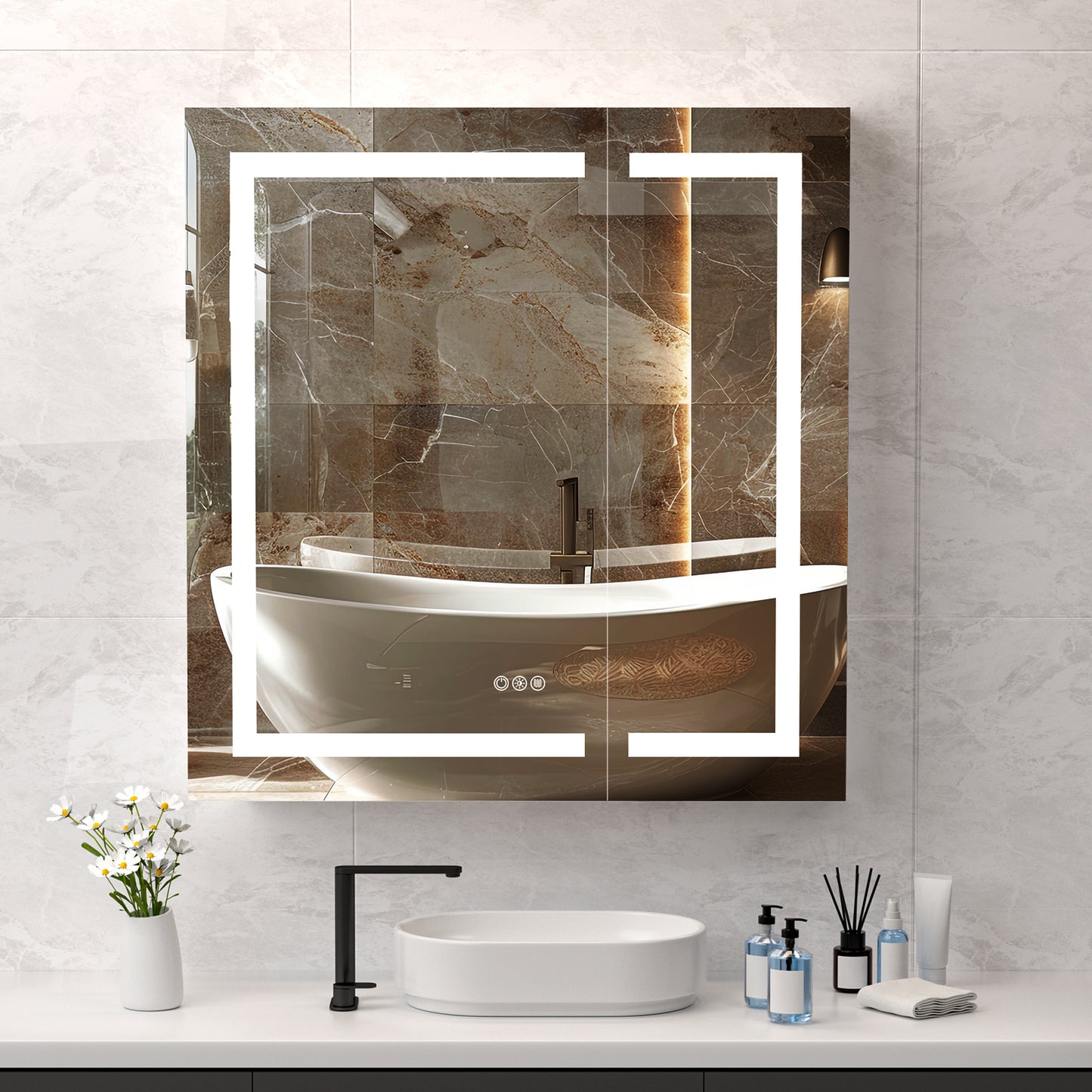 Lighted Mirror Medicine Cabinet 32"X36", Anti-Fog 3 Colors Dimmable LED, Built-in Outlets and USB Ports