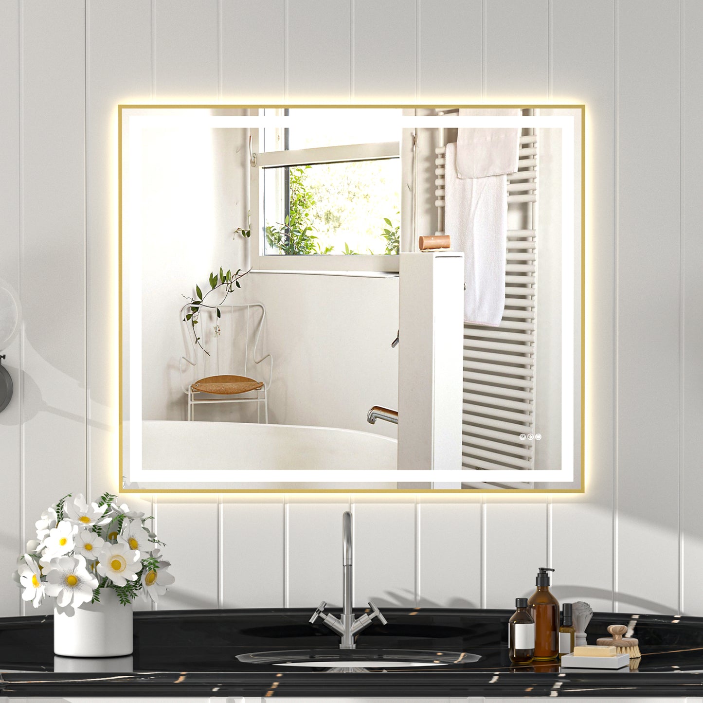 Gold Frame LED Lighted Bathroom Mirror 48"x40", Anti-Fog, Memory Function, 3 Colors Dimmable