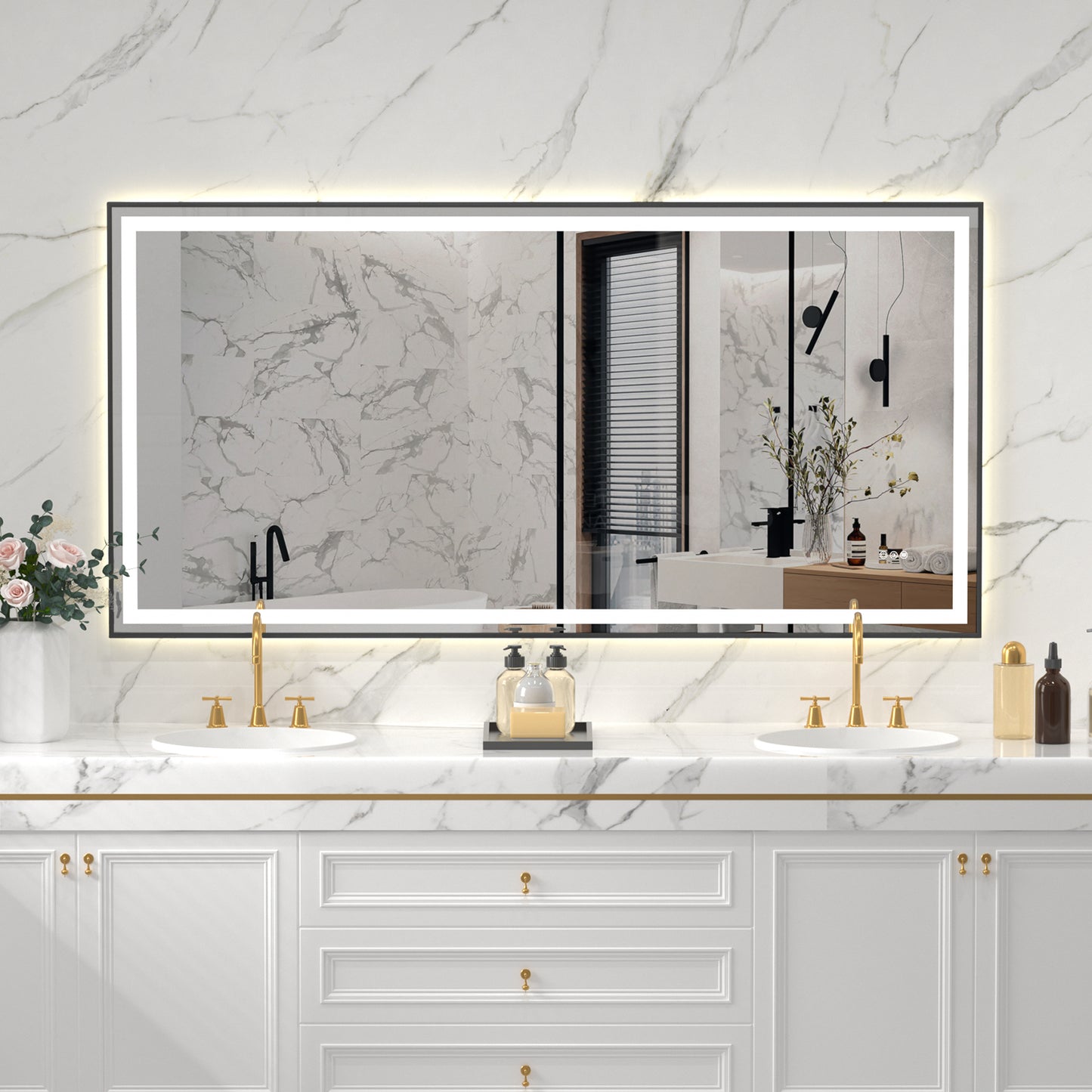 Black Frame LED Lighted Bathroom Mirror 72"x36", Anti-Fog, Memory Function, 3 Colors Dimmable