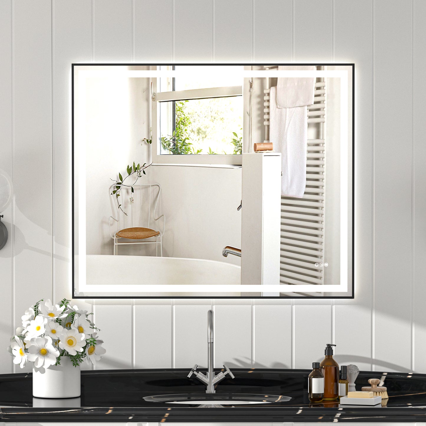 Black Frame LED Lighted Bathroom Mirror 48"x40", Anti-Fog, Memory Function, 3 Colors Dimmable