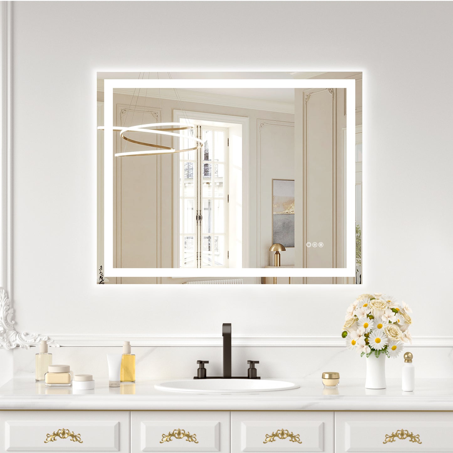 Wall Mounted LED Lighted Bathroom Mirror 40"x32", Anti-Fog, Memory Function, 3 Colors Dimmable