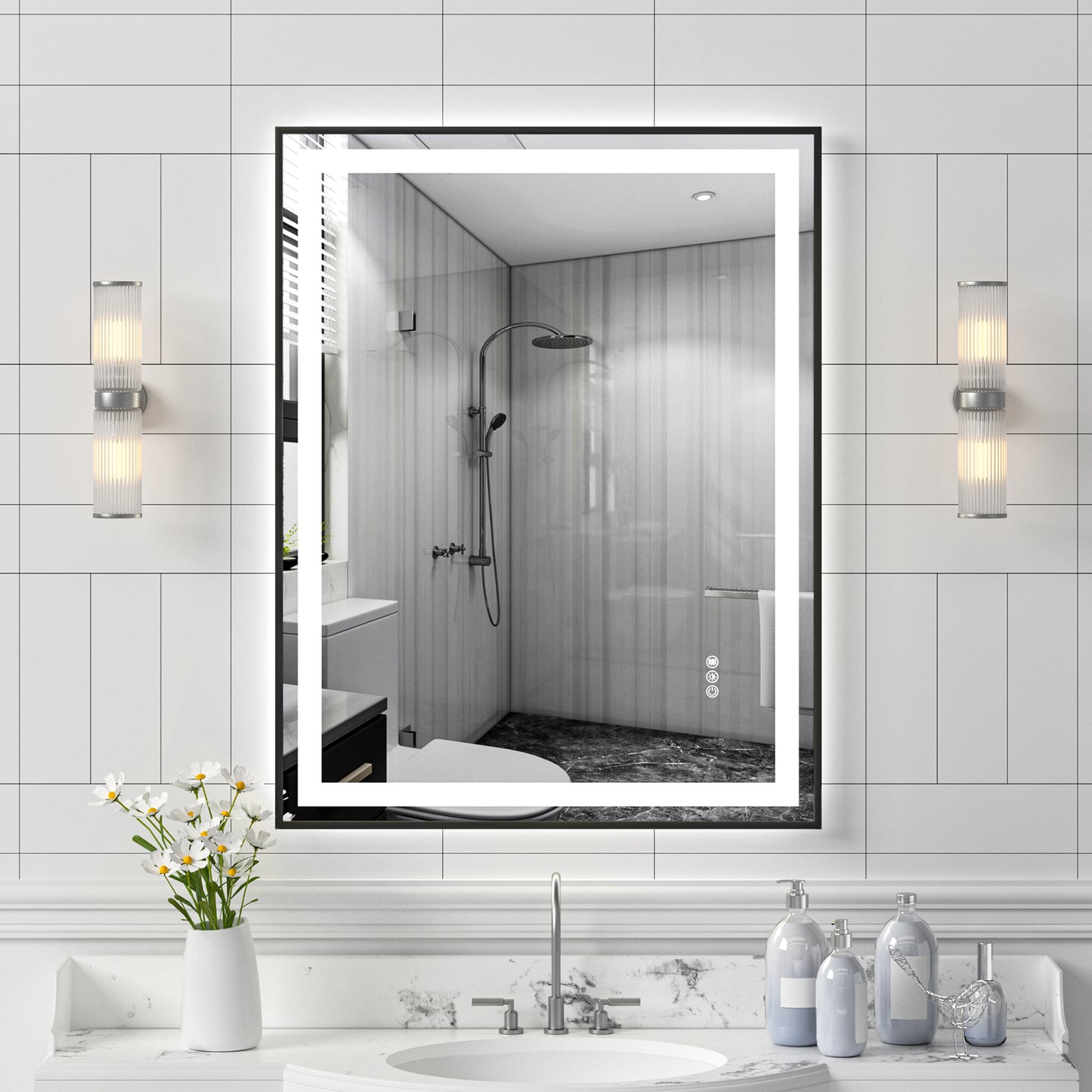 Black Frame LED Lighted Bathroom Mirror 28"x36", Anti-Fog, Memory Function, 3 Colors Dimmable
