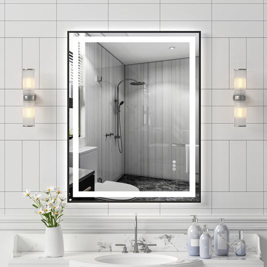 Black Frame LED Lighted Bathroom Mirror 28"x36", Anti-Fog, Memory Function, 3 Colors Dimmable