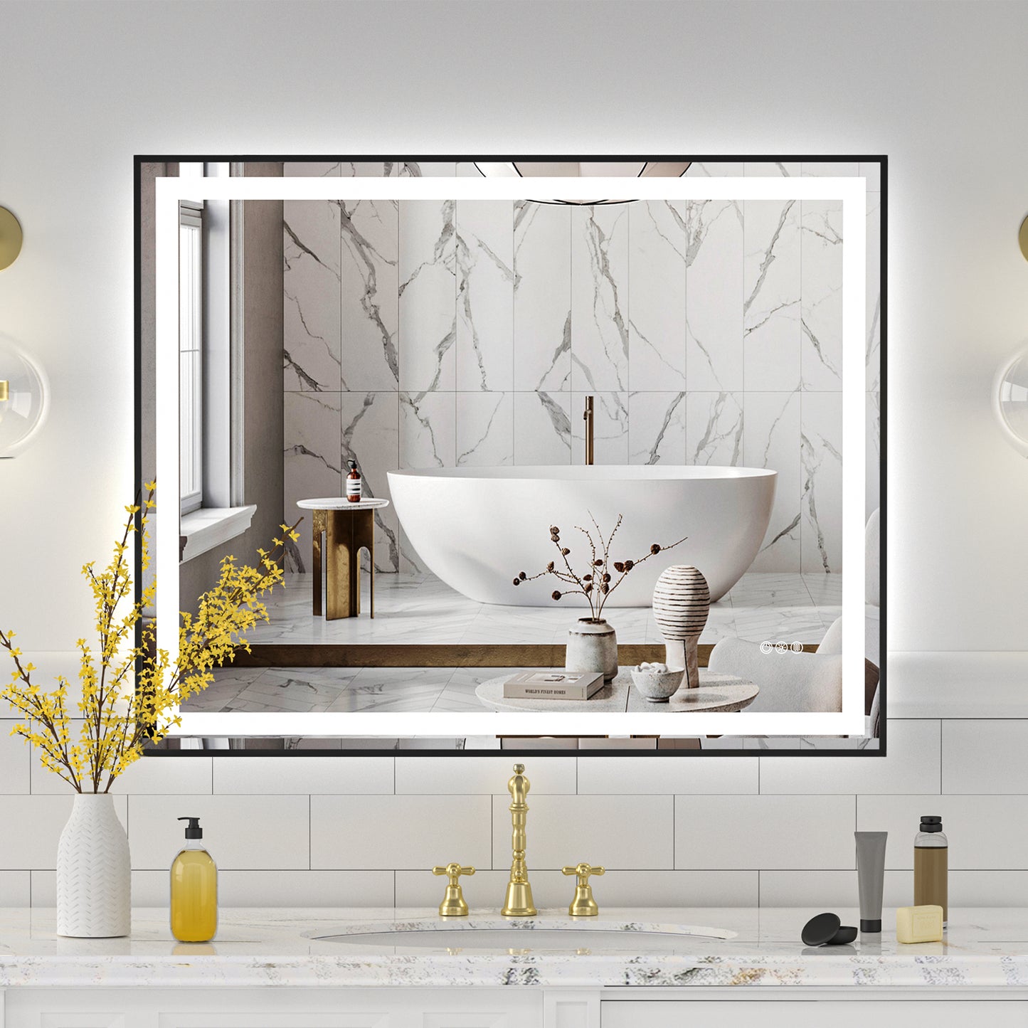 Black Frame LED Lighted Bathroom Mirror 40"x32", Anti-Fog, Memory Function, 3 Colors Dimmable