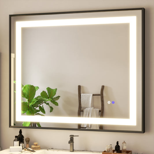 48"x40" LED Bathroom Mirror with Black Frame, Anti-Fog Memory Setting, 3 Colors Dimmable Lighted Bathroom Mirror Wall Mounted