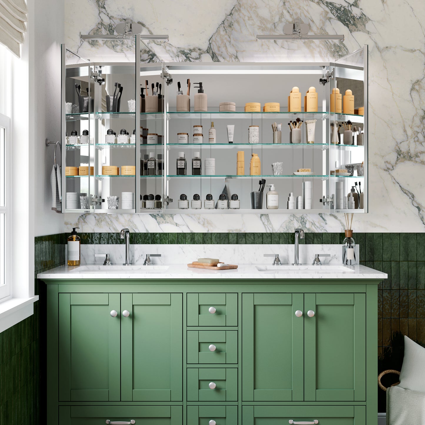 Triple Door Premium Medicine Cabinet with Mirror – 48" x 30", Surface or Recessed Mount