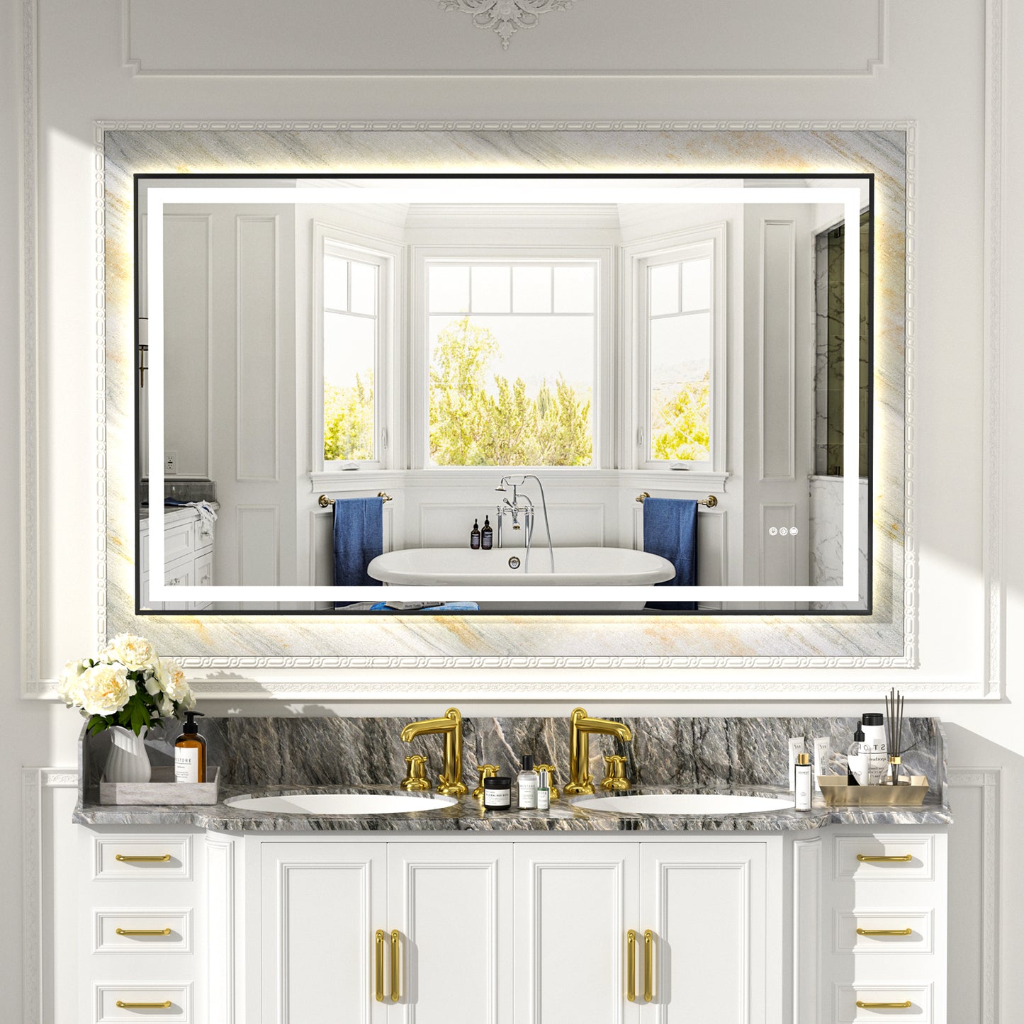 Black Frame LED Lighted Bathroom Mirror 60"x36", Anti-Fog, Memory Function, 3 Colors Dimmable