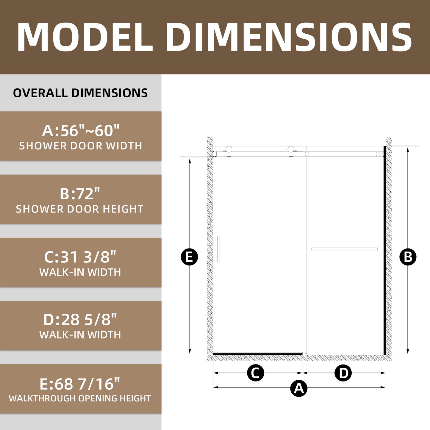 56-60" x 72" Single Sliding Shower Door with Tempered Glass Durable & Waterproof Perfect for Bathrooms