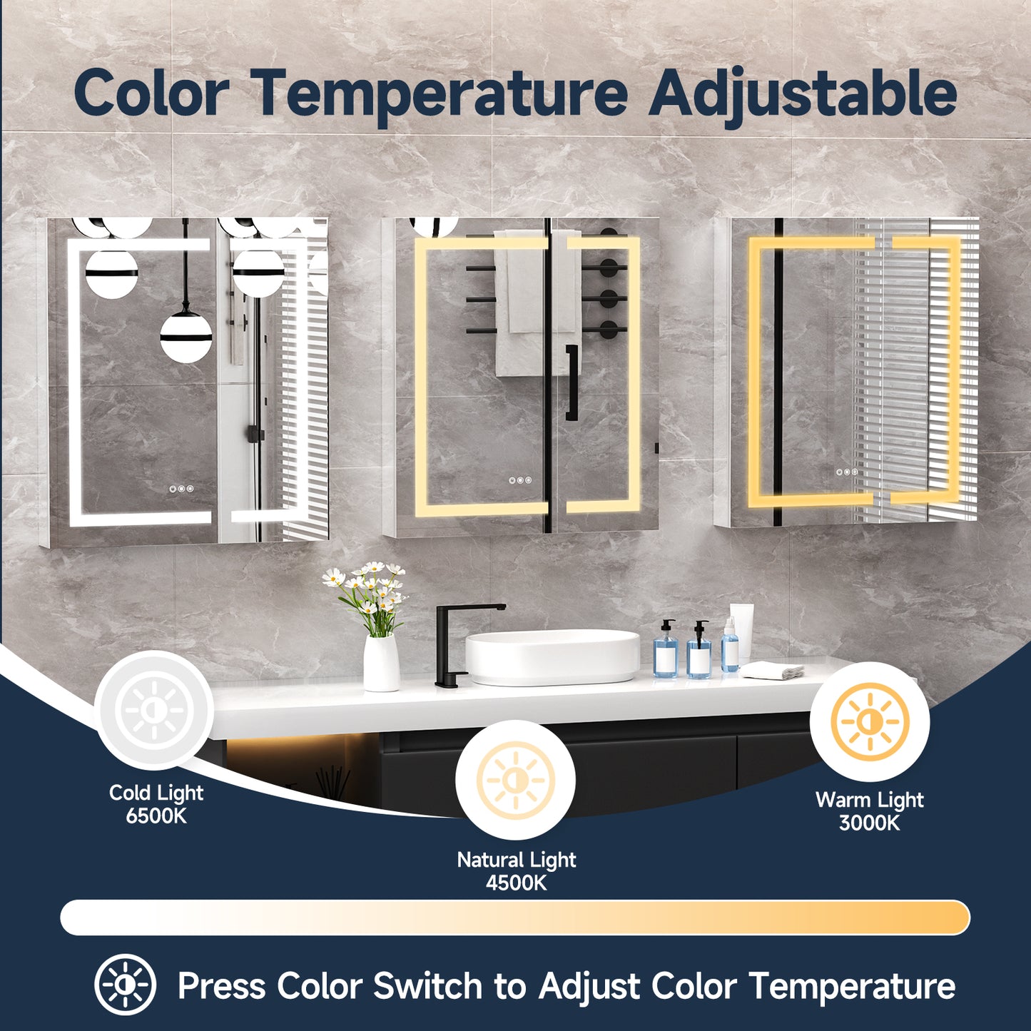 Lighted Mirror Medicine Cabinet 32"X36", Anti-Fog 3 Colors Dimmable LED, Built-in Outlets and USB Ports