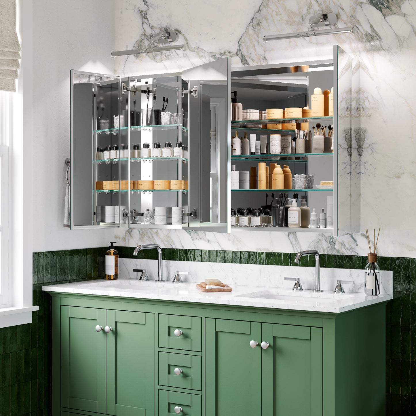 Triple Door Premium Medicine Cabinet with Mirror – 48" x 30", Surface or Recessed Mount