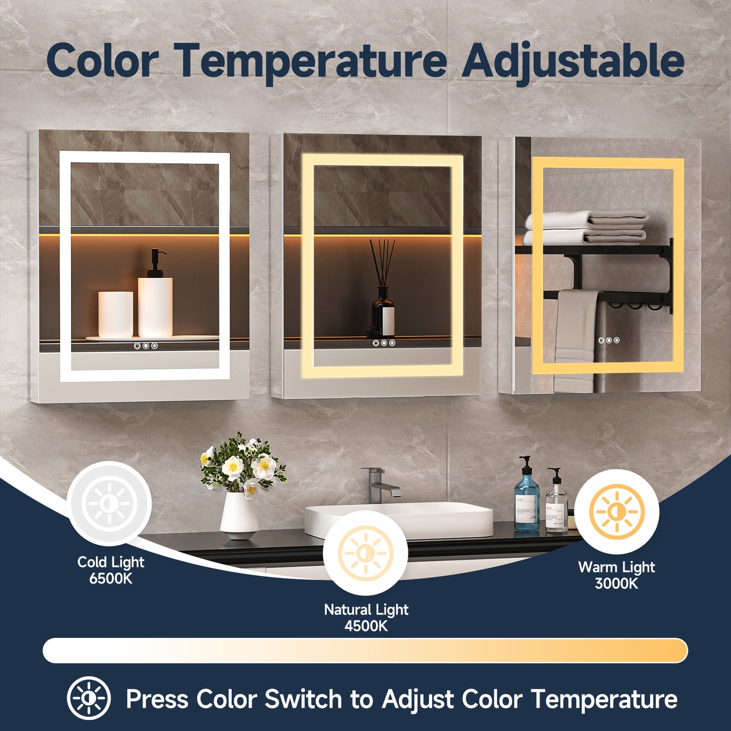 Lighted Mirror Medicine Cabinet 24"X30", Anti-Fog 3 Colors Dimmable LED, Built-in Outlets and USB Ports