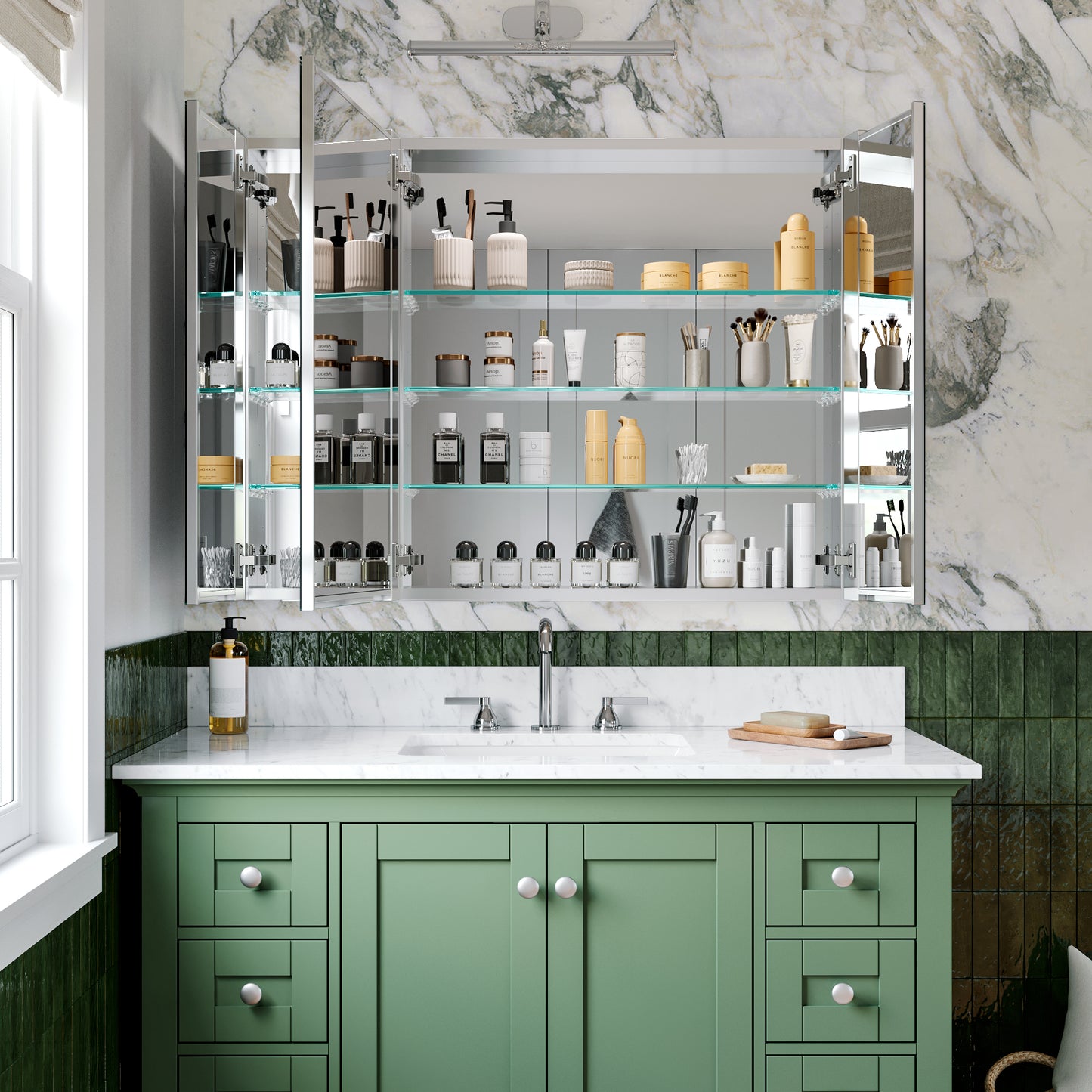 Triple Door Premium Medicine Cabinet with Mirror – 40" x 30", Surface or Recessed Mount