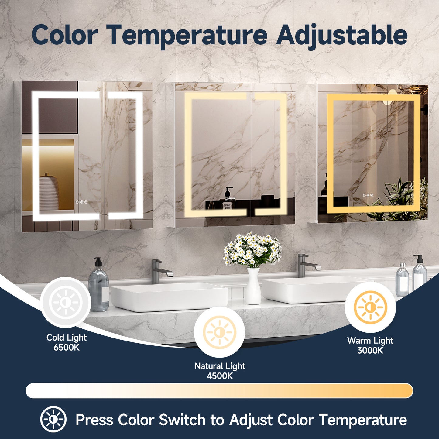 Lighted Mirror Medicine Cabinet 30"X32", Anti-Fog 3 Colors Dimmable LED, Built-in Outlets and USB Ports