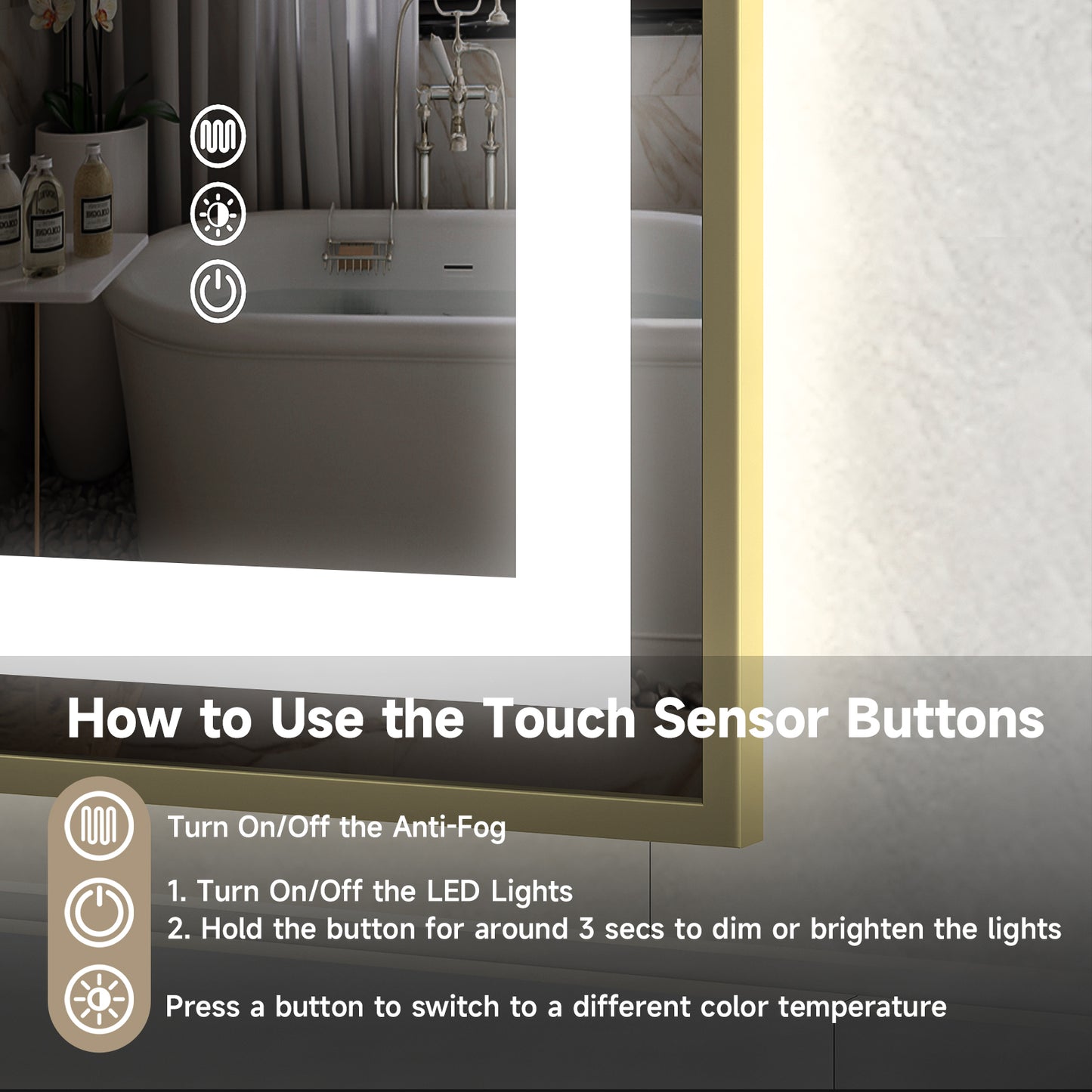 Gold Frame LED Lighted Bathroom Mirror 28"x36", Anti-Fog, Memory Function, 3 Colors Dimmable