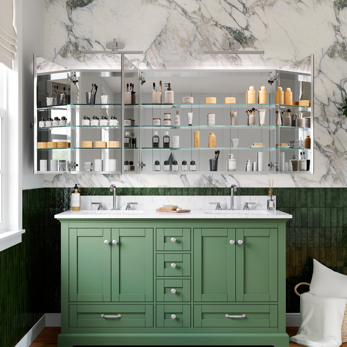 Triple Door Premium Medicine Cabinet with Mirror – 60" x 30", Surface or Recessed Mount