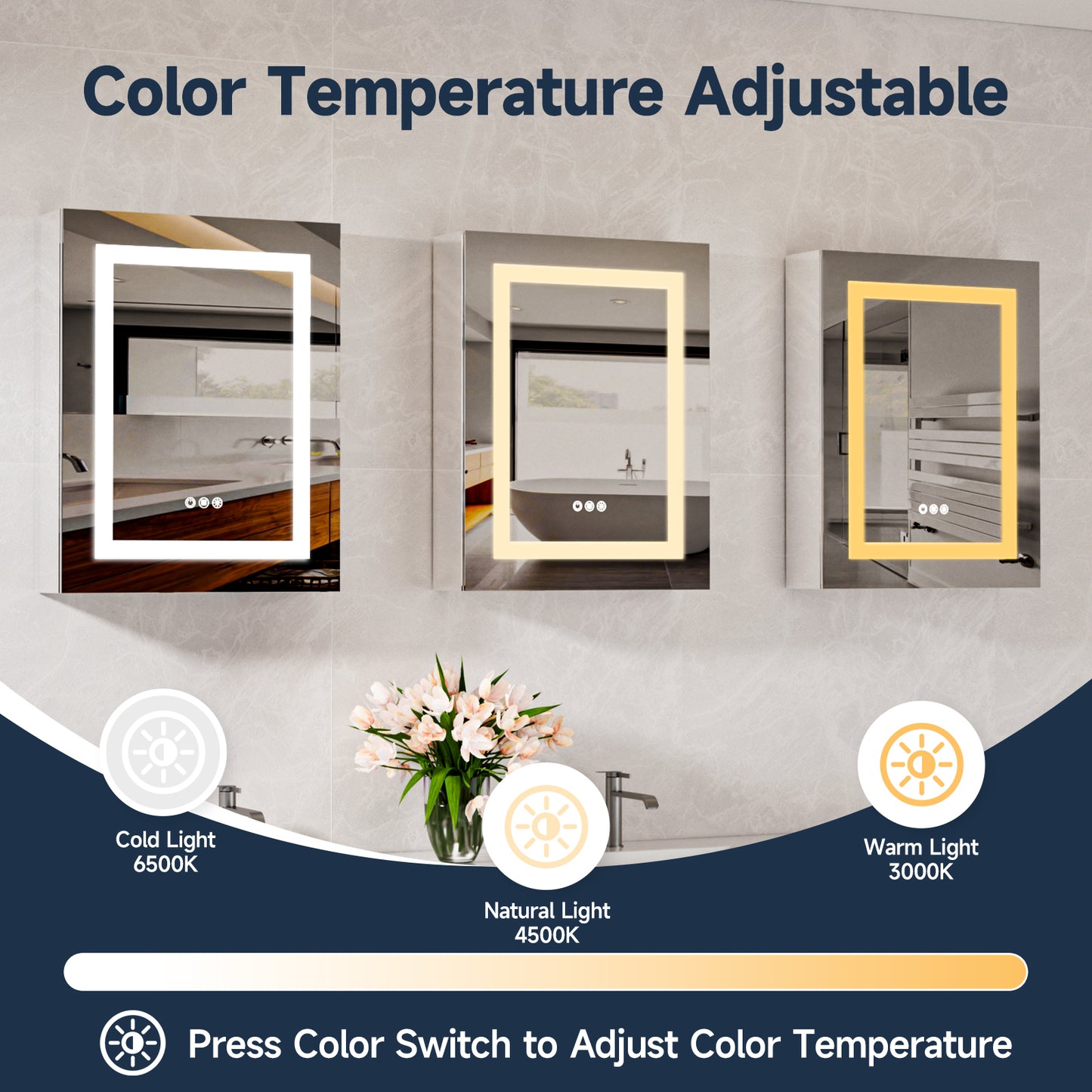 Lighted Mirror Medicine Cabinet 20"X26", Anti-Fog 3 Colors Dimmable LED, Built-in Outlets and USB Ports