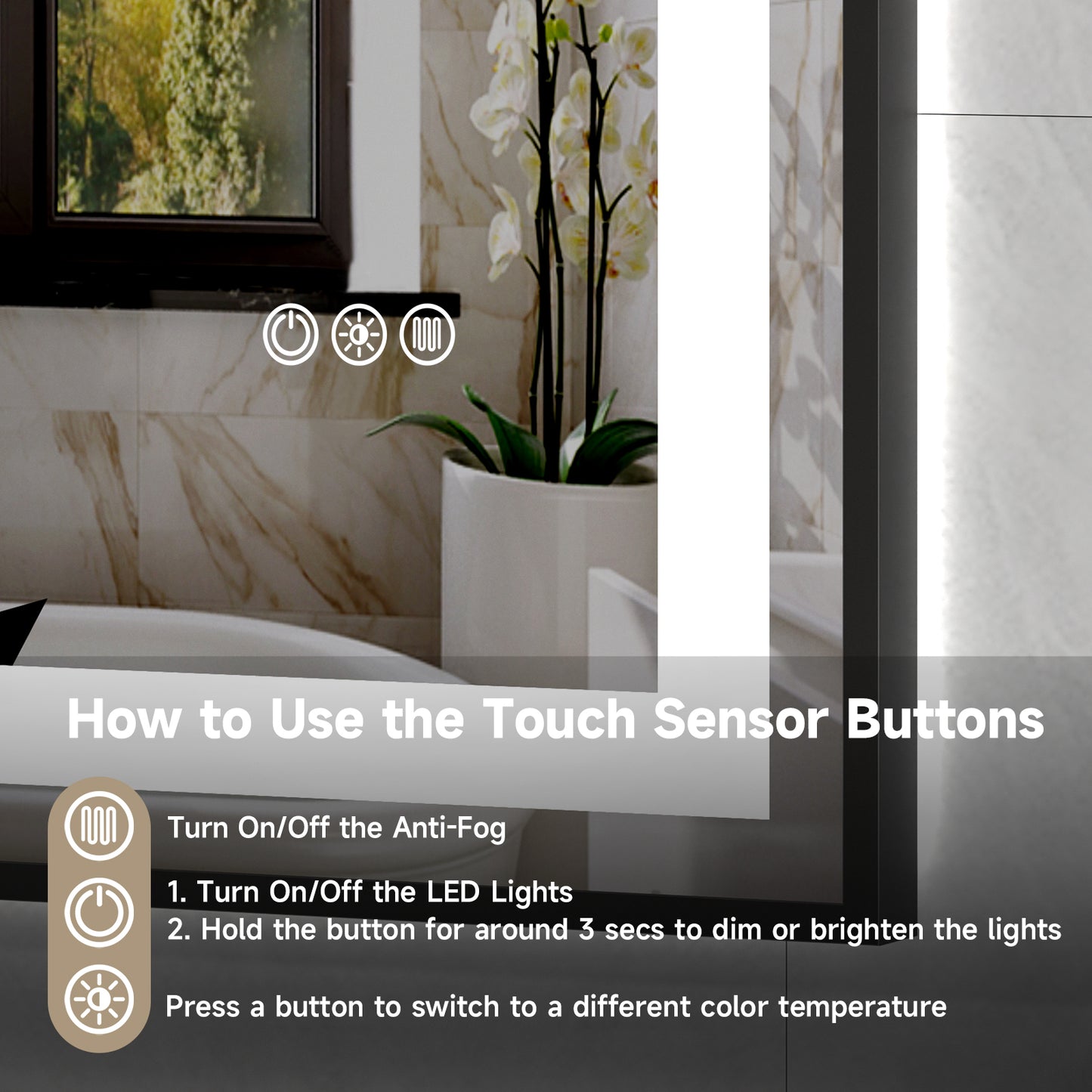 Black Frame LED Lighted Bathroom Mirror 48"x40", Anti-Fog, Memory Function, 3 Colors Dimmable