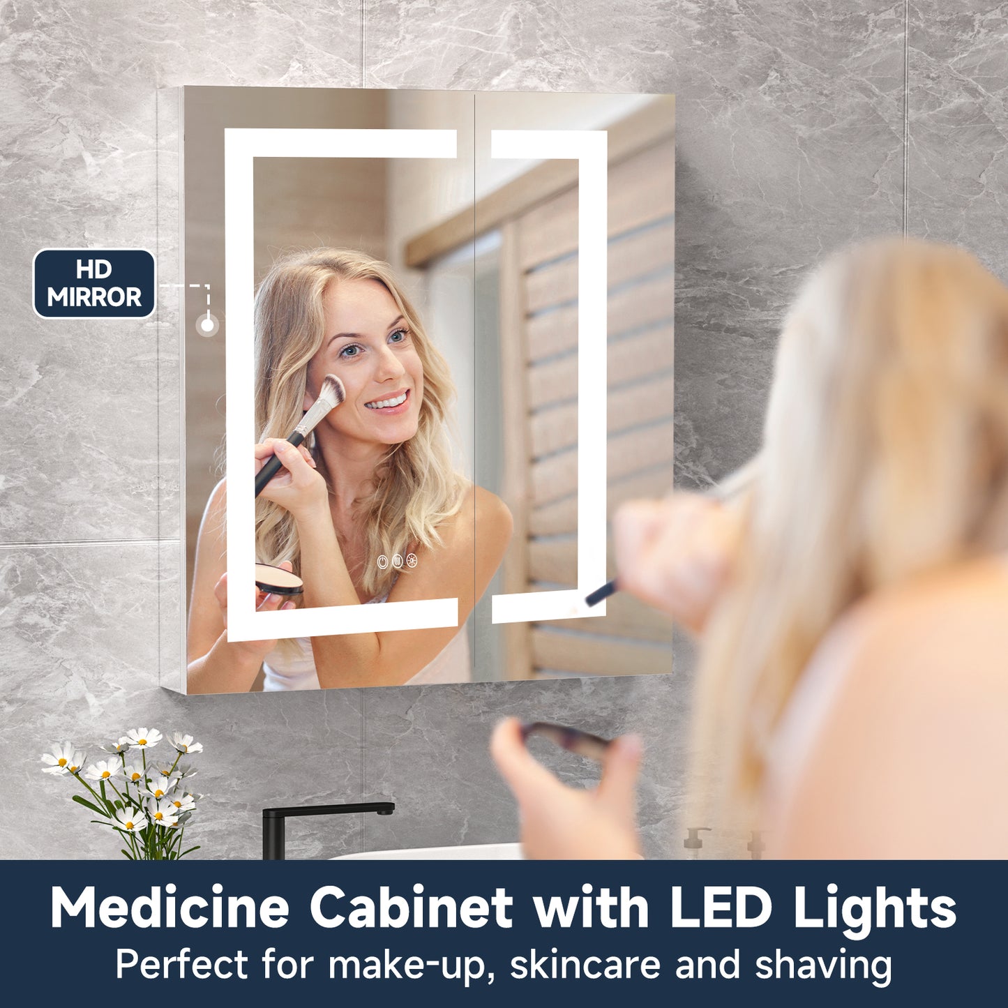 Lighted Mirror Medicine Cabinet 32"X36", Anti-Fog 3 Colors Dimmable LED, Built-in Outlets and USB Ports