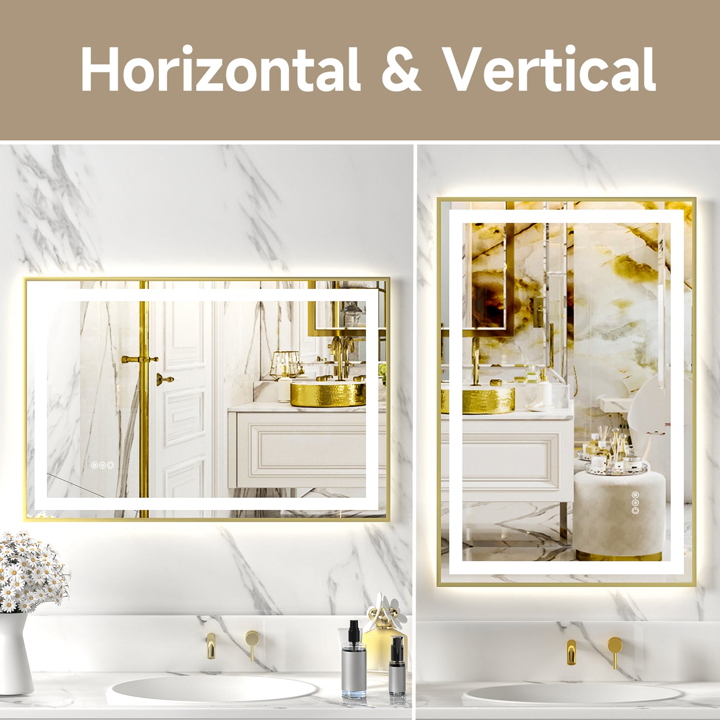 Gold Frame LED Lighted Bathroom Mirror 24"x36", Anti-Fog, Memory Function, 3 Colors Dimmable