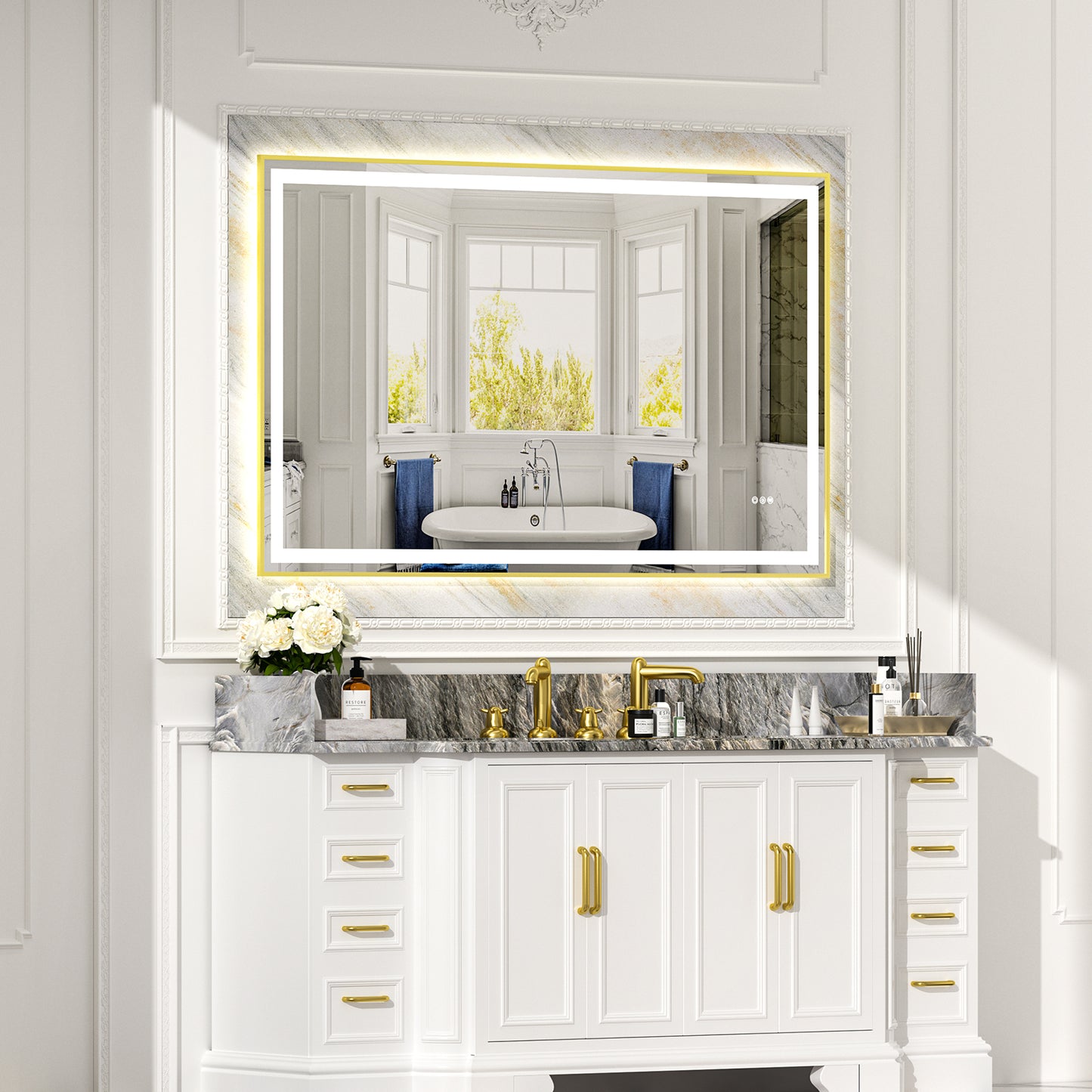Gold Frame LED Lighted Bathroom Mirror 60"x36", Anti-Fog, Memory Function, 3 Colors Dimmable