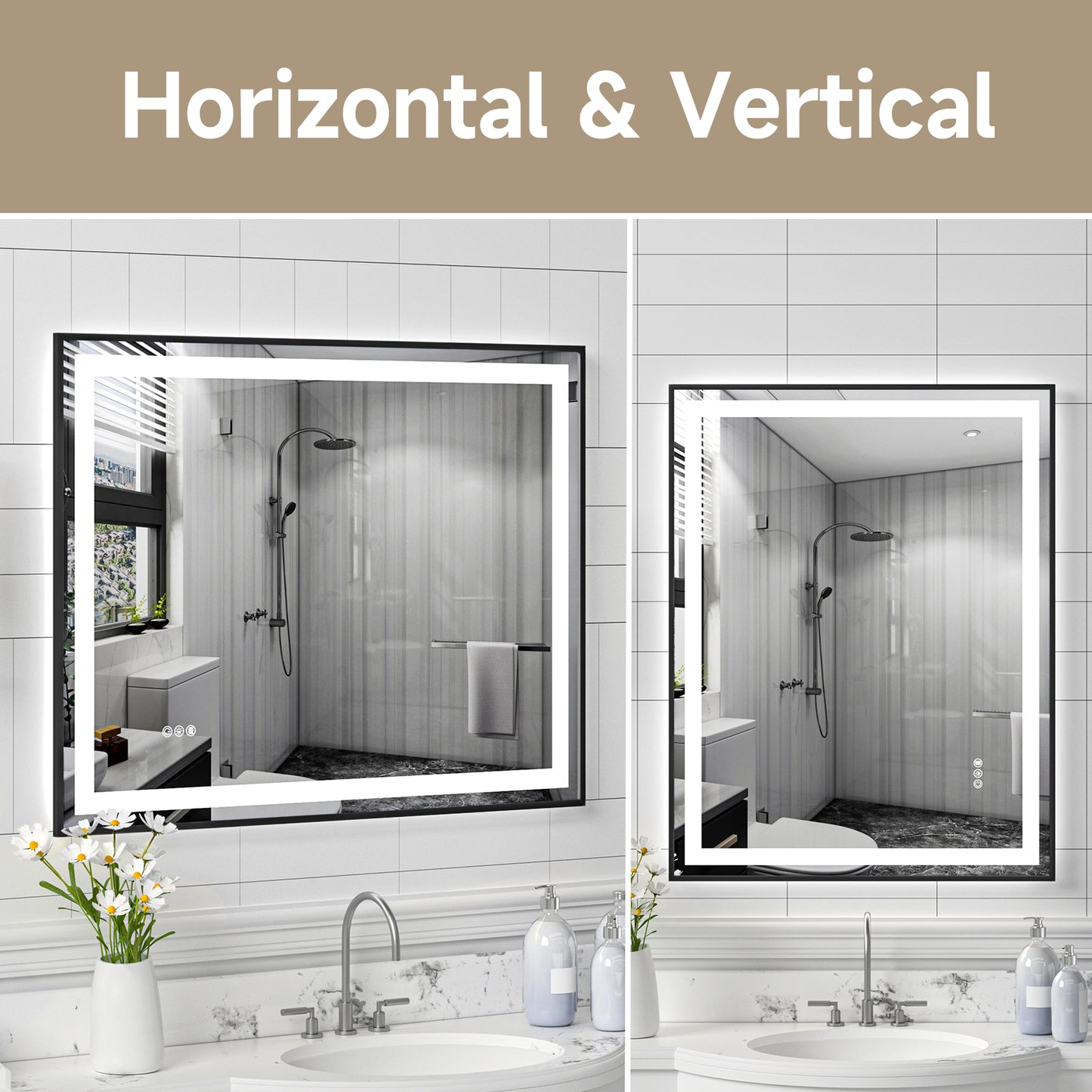 Black Frame LED Lighted Bathroom Mirror 28"x36", Anti-Fog, Memory Function, 3 Colors Dimmable