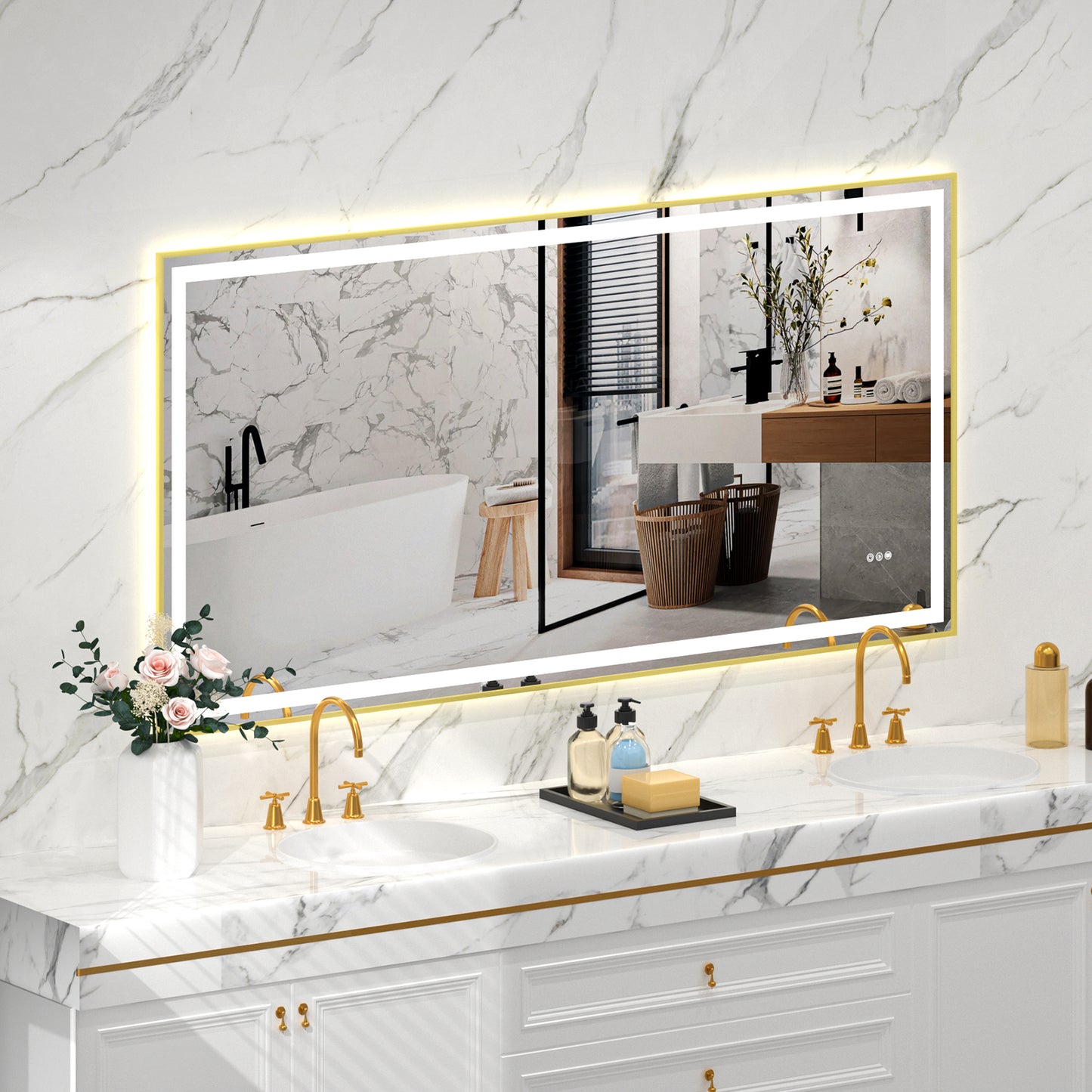 Gold Frame LED Lighted Bathroom Mirror 72"x36", Anti-Fog, Memory Function, 3 Colors Dimmable