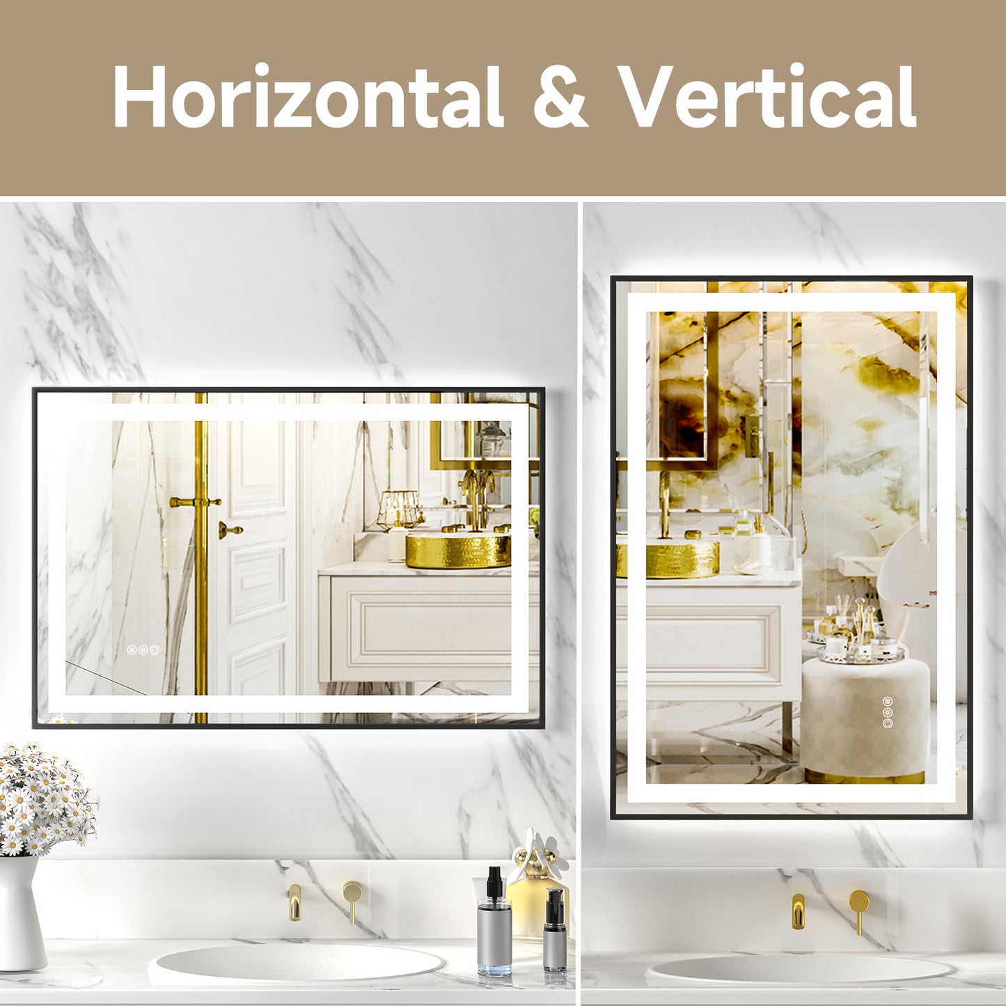 Black Frame LED Lighted Bathroom Mirror 24"x36", Anti-Fog, Memory Function, 3 Colors Dimmable