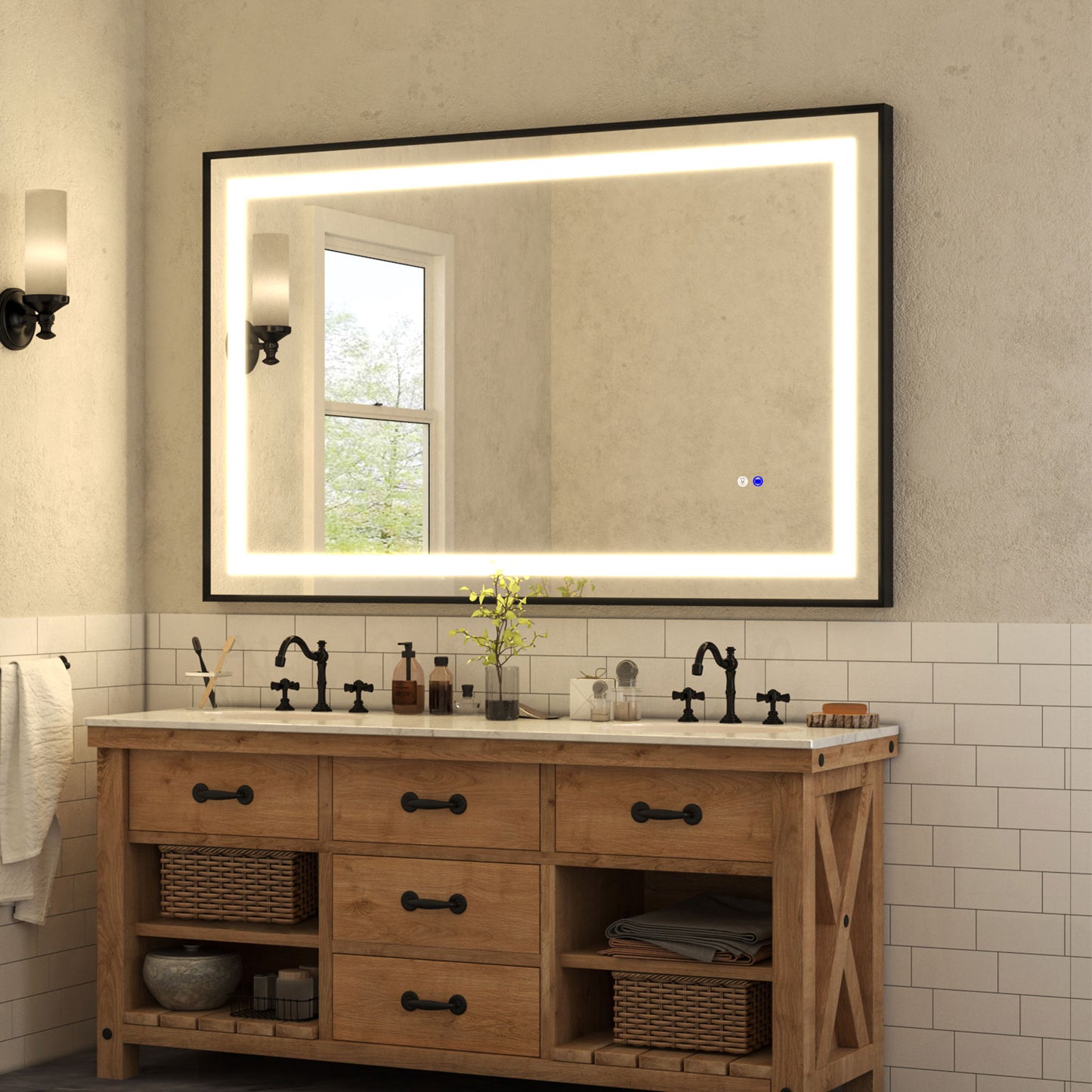 60"x40" LED Bathroom Mirror with Black Frame, Anti-Fog Memory Setting, 3 Colors Dimmable Lighted Bathroom Mirror Wall Mounted