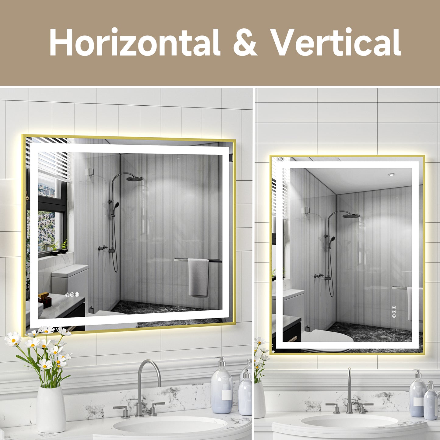 Gold Frame LED Lighted Bathroom Mirror 28"x36", Anti-Fog, Memory Function, 3 Colors Dimmable