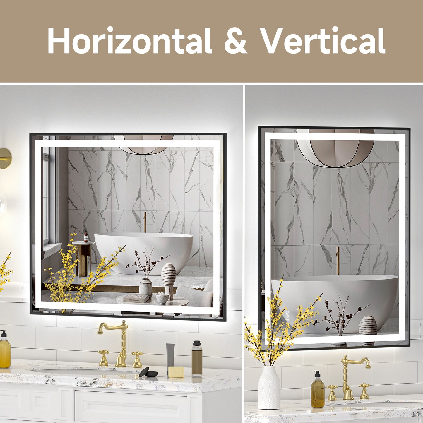 Black Frame LED Lighted Bathroom Mirror 40"x32", Anti-Fog, Memory Function, 3 Colors Dimmable