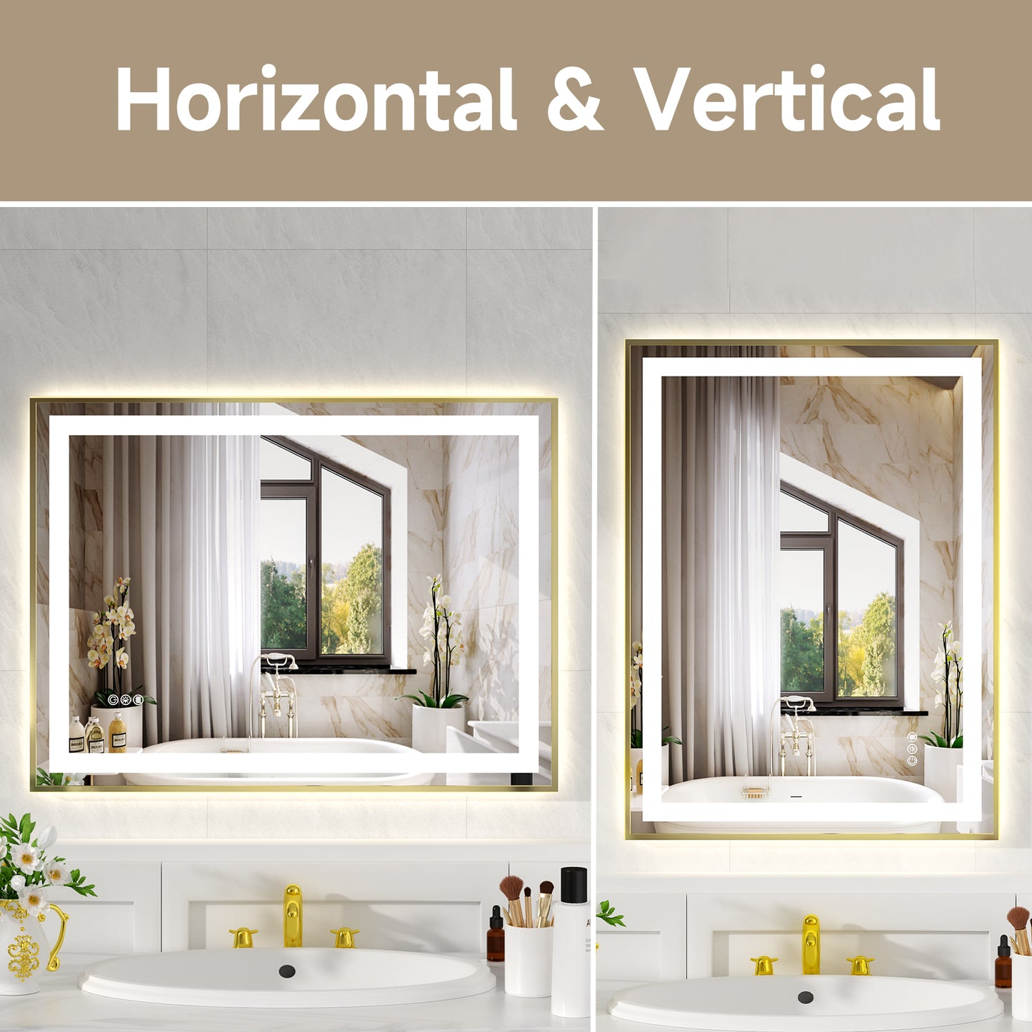 Gold Frame LED Lighted Bathroom Mirror 24"x32", Anti-Fog, Memory Function, 3 Colors Dimmable