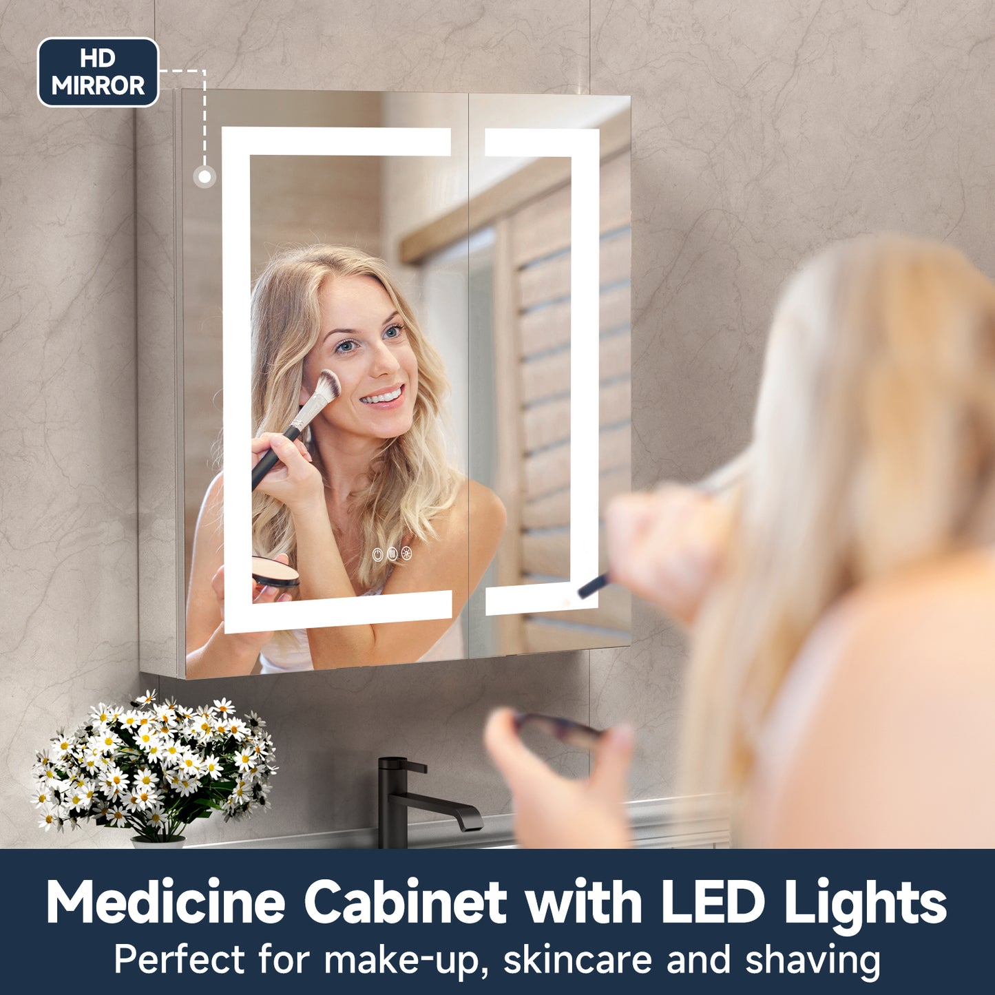 Lighted Mirror Medicine Cabinet 30"X32", Anti-Fog 3 Colors Dimmable LED, Built-in Outlets and USB Ports