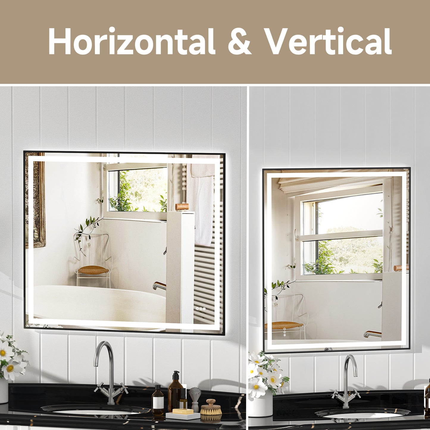 Black Frame LED Lighted Bathroom Mirror 48"x40", Anti-Fog, Memory Function, 3 Colors Dimmable